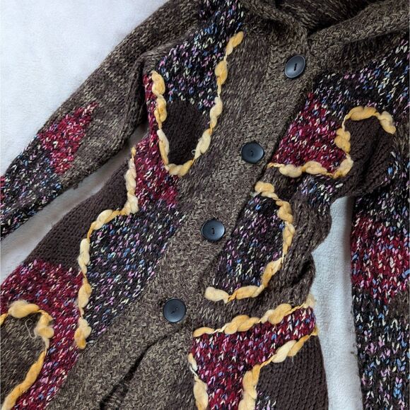 Chunky Knit Hooded Long Cardigan Women's Medium Brown Multicolor Bohemian - Picture 3 of 9